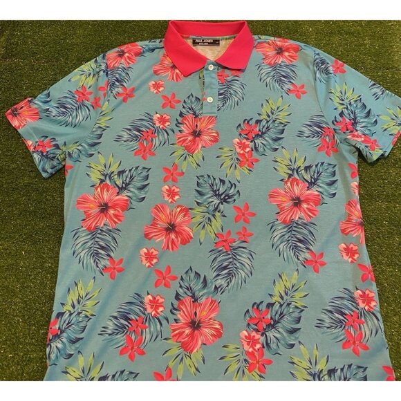 Paul Jones polo mens large pink blue lighweight breathable floral hawaiian 41 - Picture 6 of 12